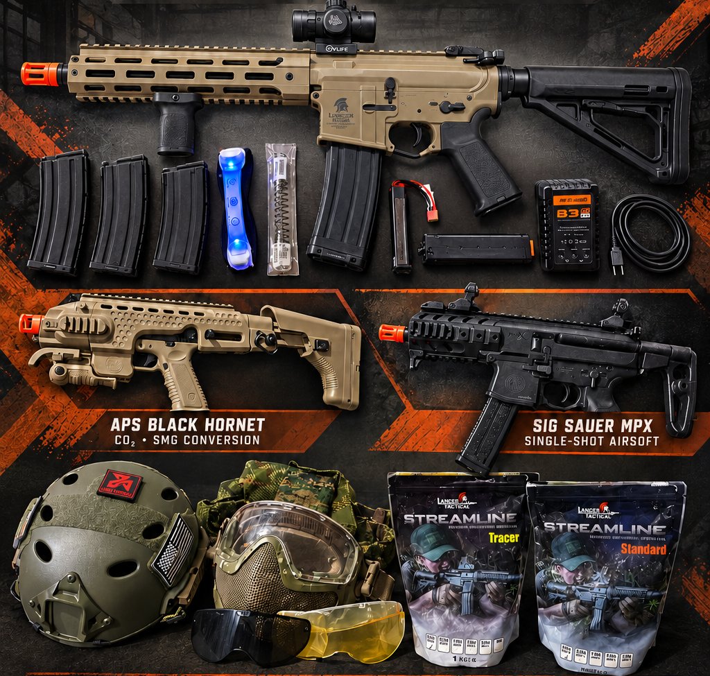 The full kit: Lancer Tactical rifle with optic, magazines, battery and charger, APS Black Hornet, SIG Sauer MPX, helmet, face mask, lenses and BBs