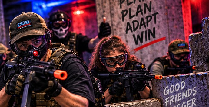 Players in masks and tactical gear aiming airsoft rifles in the arena