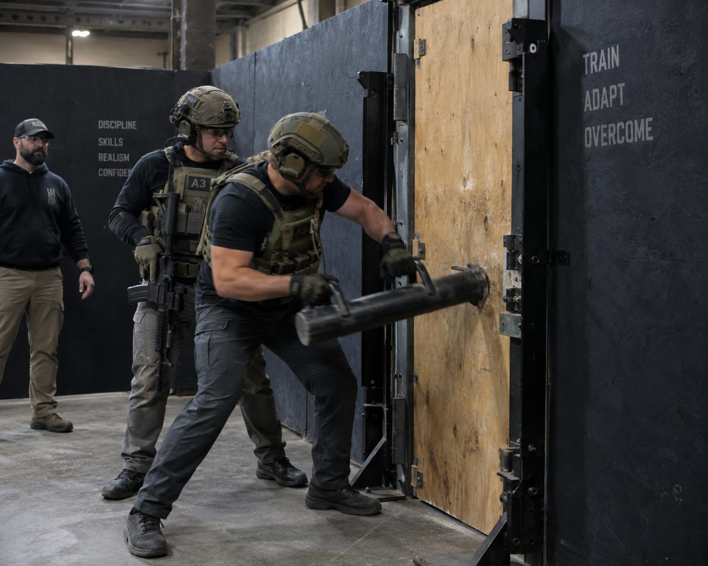A trainee using a ram on a training door while a teammate stacks behind him