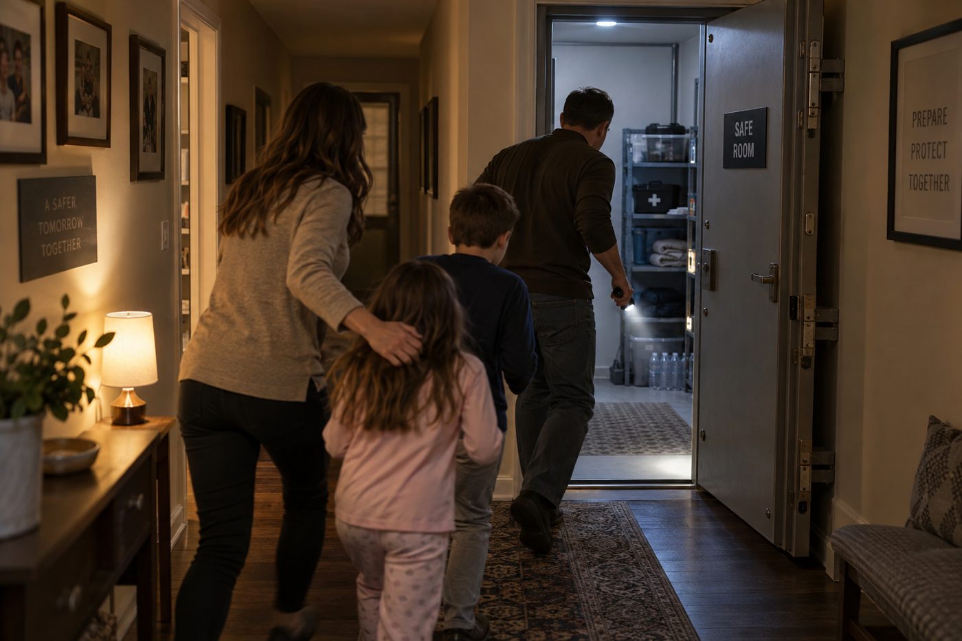 A father, mother and two children moving down a home hallway into a safe room