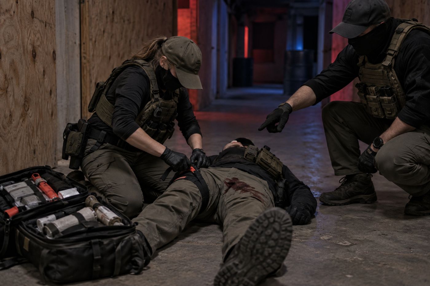 A trainee applying a tourniquet while an instructor watches