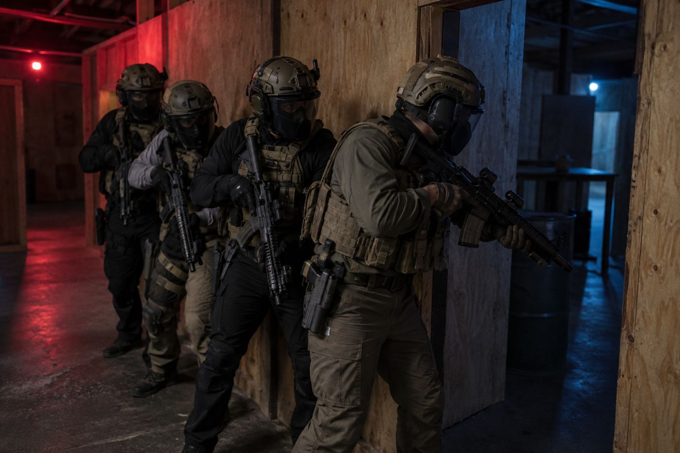 A four-person team stacked at a doorway inside a training house